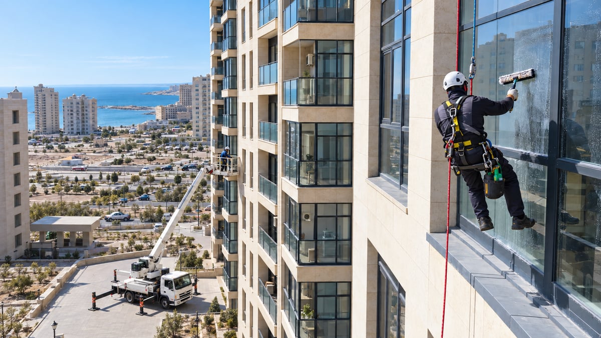 Rope access workers vs aerial lift: what to use to wash windows and facades at height